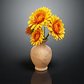 Terracotta Vase With Yellow And Orange Daisies On Black Surface With Dark Background Reflection