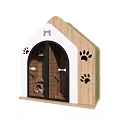White And Wooden Pet House Featuring Pink Bow Black Paw Prints Arched Door And Decor