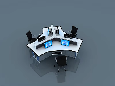 Modern Office Control Workstation With Multiple Monitors And Black Chairs 3d model