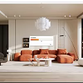 Modern Living Room Interior With Orange Sofa White Chandelier Floor Lamp And Area Rug