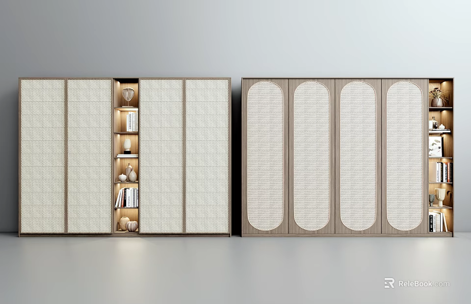 Modern Light Colored Wardrobe Interior With Sliding Arched Grid Doors And Wooden Frames 3d model 