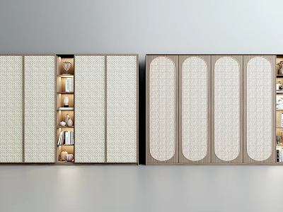 Modern Light Colored Wardrobe Interior With Sliding Arched Grid Doors And Wooden Frames 3d model