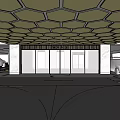 Modern Parking Garage Interior With Hexagonal Ceiling Glass Doors And Parked Cars