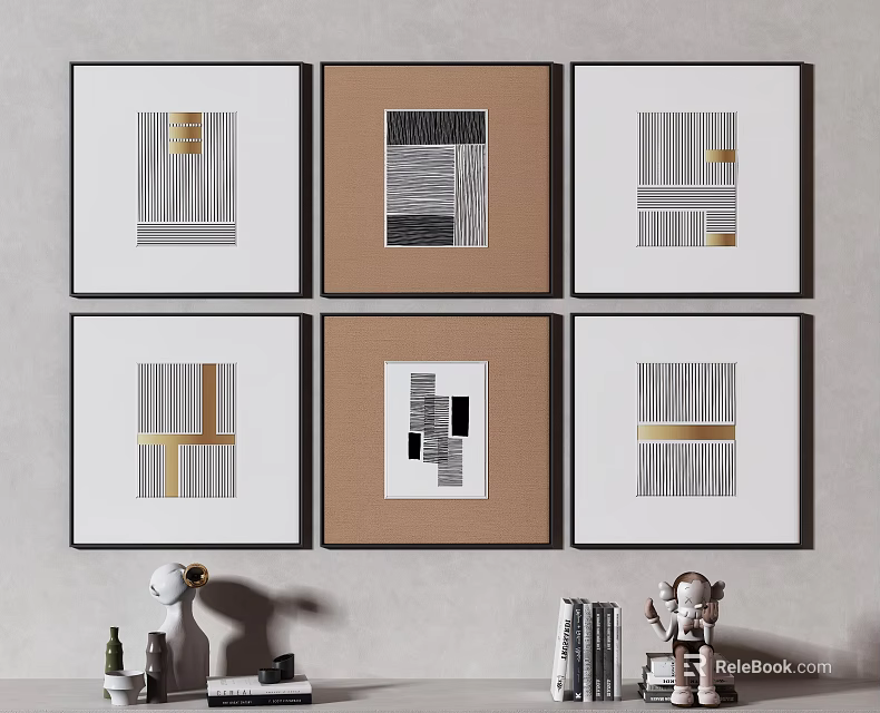 Geometric Pattern Decorative Paintings With Black Frames And Home Accessories 3d model