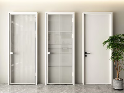 Modern White Interior Hinged Doors Featuring Different Glass And Solid Panel Designs 3d model