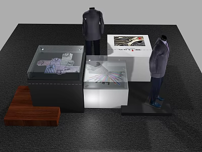 Modern Display Shelves With Glass Cases Suit Mannequins And Wooden Stands For Exhibiting 3d model