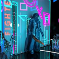 Futuristic Photo Check In Spot With Neon Lights Geometric Shapes Crystal Decorations And Human Silhouette