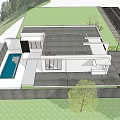Modern Detached Villa Exterior with Trees Greenery Cars and Illuminated Entrance