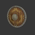 Medieval Wooden Shield With Round Metal Center And Riveted Border Design