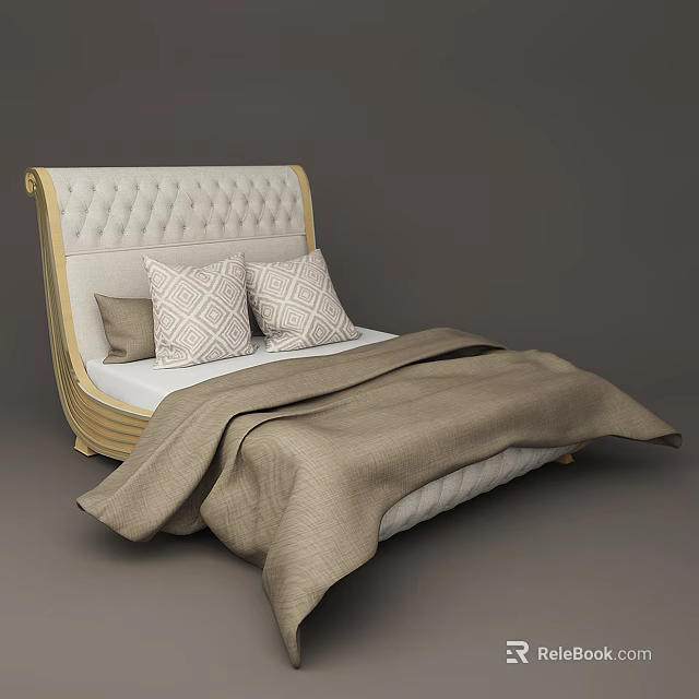 Elegant Modern Double Bed with Tufted Headboard Geometric Pillows and Linen Blanket 3d model