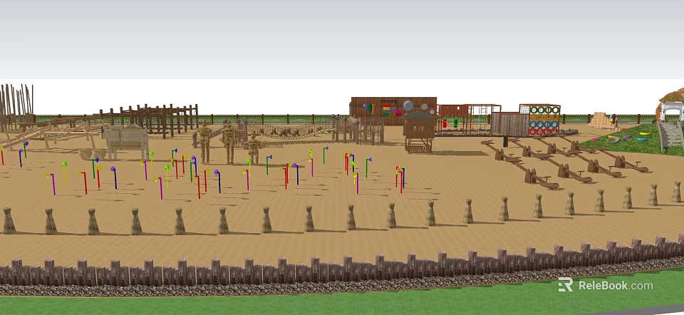 Scenic Outdoor Playground With Colorful Poles Wooden Structures Sandy Ground And Small Cabins 3d model 