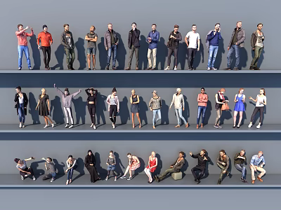 Group of People in Various Poses with Different Clothing Styles Standing and Sitting 3d model