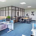 Public Office Space Interior With Large Windows Blue Carpet Wooden Table And Colorful Chairs