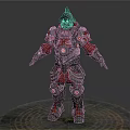 Armored Mythical Creature With Spiked Helmet Red Silver Armor Standing On Intricate Circular Platform