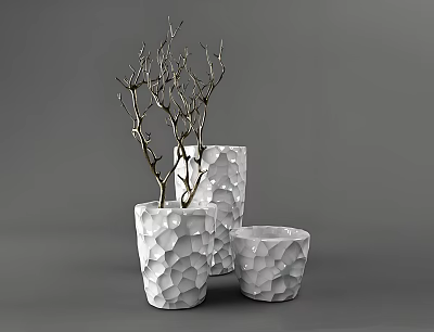 Modern Minimalist Decorative Ornament Set With Three Textured White Vases And Dried Branches 3d model