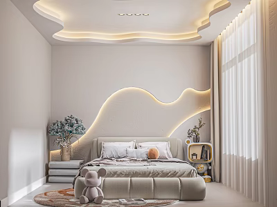 Modern Bedroom Interior Design With Soft Upholstered Bed Curved LED Lighting And Neutral Decor Elements 3d model