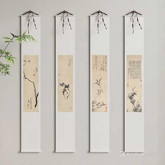 Traditional Chinese Scroll Paintings with Bamboo Branches Birds and Calligraphy Art 3d model 