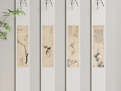 Traditional Chinese Scroll Paintings with Bamboo Branches Birds and Calligraphy Art 3d model