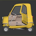 Yellow Cute Vintage Small Car With Open Door And Brown Seats