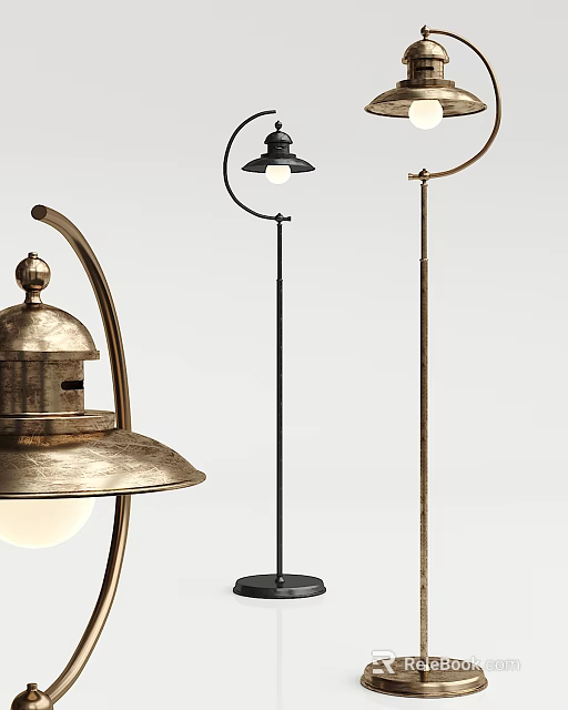 Elegant Curved Brass Floor Lamp With Arched Stand And Globe Light Shade 3d model 