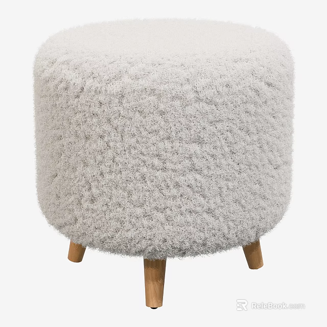 Light Grey Fluffy Round Upholstered Stool With Sturdy Solid Wooden Legs For Cozy Home Decoration 3d model 