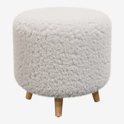 Light Grey Fluffy Round Upholstered Stool With Sturdy Solid Wooden Legs For Cozy Home Decoration 3d model