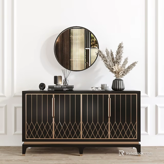 Stylish Entryway Console Cabinet With Black Gold Accents Round Mirror And Decorative Plants 3d model 