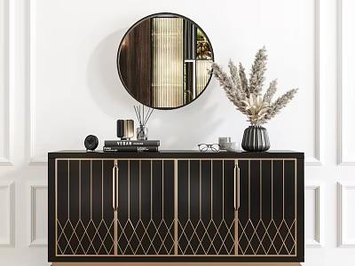 Stylish Entryway Console Cabinet With Black Gold Accents Round Mirror And Decorative Plants 3d model