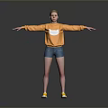 Child In Orange Sweatshirt With White Design And Blue Denim Shorts Standing With Arms Outstretched