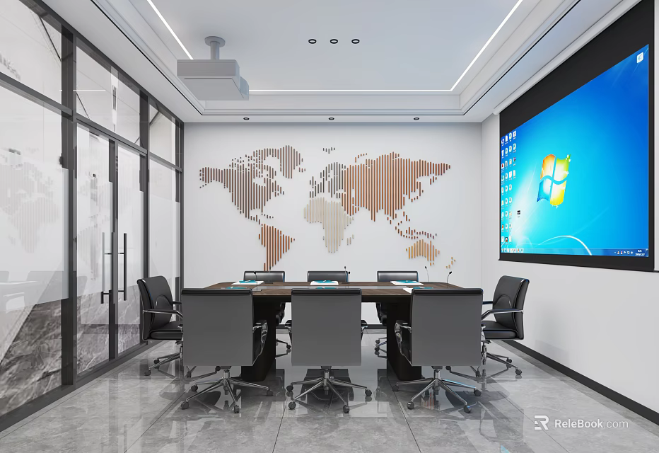 Modern Conference Room With Table Chairs Large Screen Display And World Map On Wall 3d model