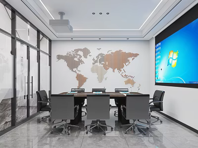 Modern Conference Room With Table Chairs Large Screen Display And World Map On Wall 3d model