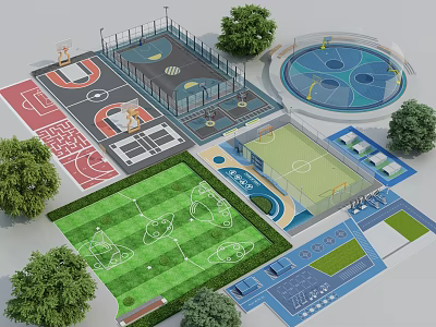Outdoor Football Field Layout With Basketball Courts Green Trees And Sports Area Design 3d model