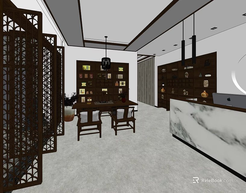 Traditional Chinese Style Store Front Desk Interior With Marble Counter And Wooden Shelves 3d model 