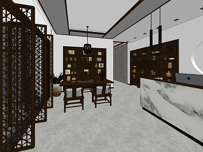 Traditional Chinese Style Store Front Desk Interior With Marble Counter And Wooden Shelves 3d model