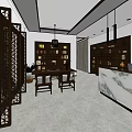Traditional Chinese Style Store Front Desk Interior With Marble Counter And Wooden Shelves