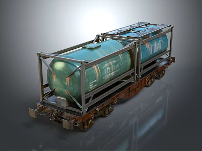 Green Cylindrical Tank Fixed On Metal Frame With Wheeled Railway Base 3d model