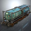 Green Cylindrical Tank Fixed On Metal Frame With Wheeled Railway Base