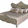 Classic Carved Leather Double Bed With Light Colored Bedspread And Decorative Pillows 3d model