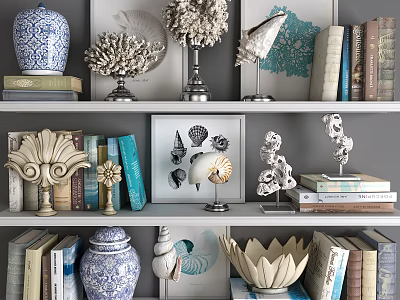 Stylish Decorative Ornament Sets With Blue White Porcelain Jars Coral And Shell Decorations On Shelves 3d model