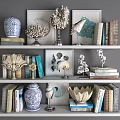 Stylish Decorative Ornament Sets With Blue White Porcelain Jars Coral And Shell Decorations On Shelves