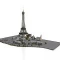 Eiffel Tower Model Display With Miniature Buildings Trees And Platform