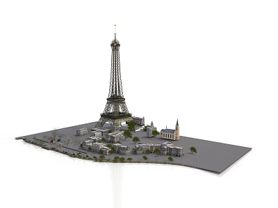 Eiffel Tower Model Display With Miniature Buildings Trees And Platform 3d model