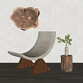 Leisure Chair With Curved Concrete Surface Triangular Wooden Legs And Stump Table With Green Plant