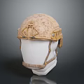 Sand Colored Military Helmet With Worn Texture And Chin Strap Design
