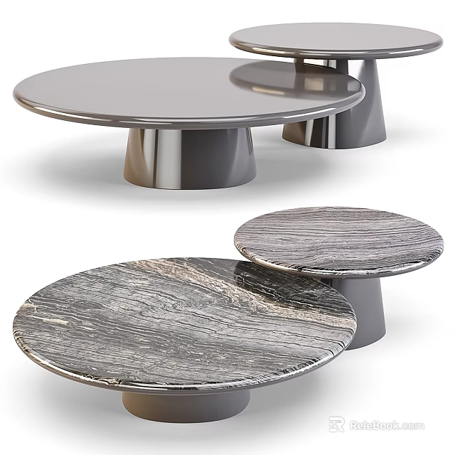 Round Modern Dining Tables In Various Sizes With Gray Marble Texture And Silver Metal Base 3d model 