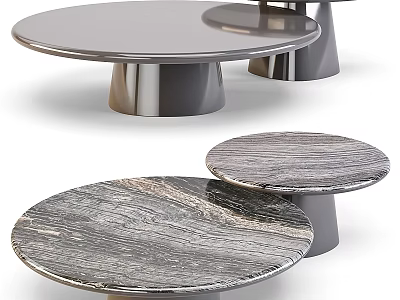 Round Modern Dining Tables In Various Sizes With Gray Marble Texture And Silver Metal Base 3d model