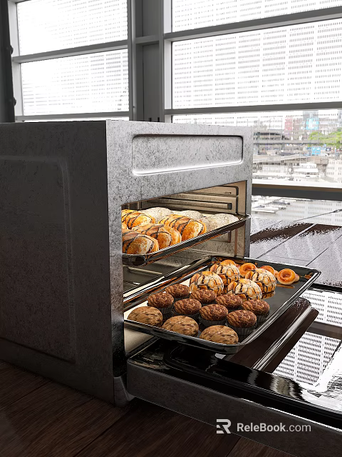 Assorted Freshly Baked Goods In Oven With Multiple Trays Of Golden Cookies Muffins And Donuts 3d model 