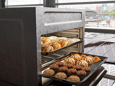 Assorted Freshly Baked Goods In Oven With Multiple Trays Of Golden Cookies Muffins And Donuts 3d model