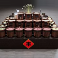 Display Shelf Featuring Wooden Buckets With Various Colored Contents Labels And Fu Decorations