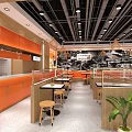 Modern Shopping Mall Restaurant With Orange Counter Wooden Elements Tables Chairs And Green Plants